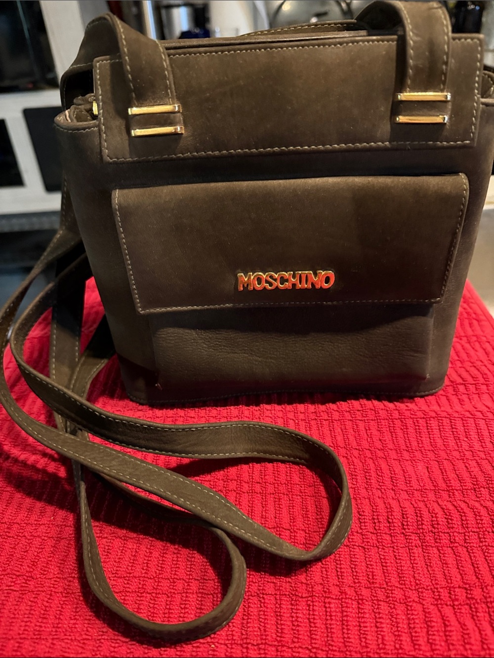 Vintage Moschino Brown Leather Crossbody Bag Gold Logo Plaque Rare